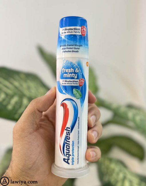 خمیر دندان پمپی آکوافرش سه کاره اصل انگلیس 100 میل - aquafresh fresh and minty toothpaste pump 100ml