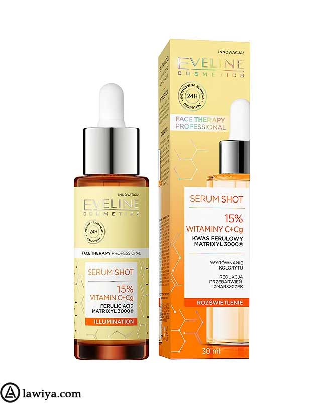 سرم روشن کننده ویتامین c اولاین 15 در صد 30 میل | eveline serum shot vitamin c+cg