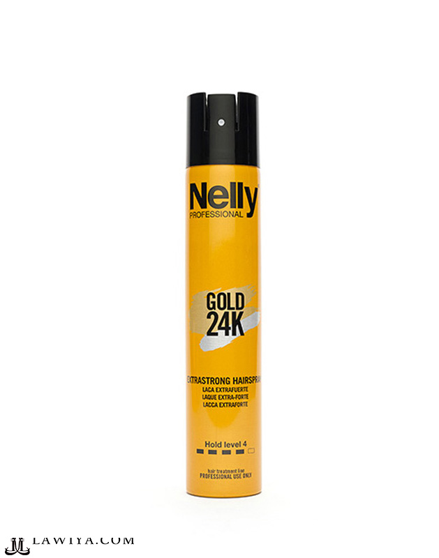 اسپری حالت دهنده و براق کننده مو فوق قوی نلی پروفشنال NELLY مدل GOLD 24K اصل اسپانیا 300 میل