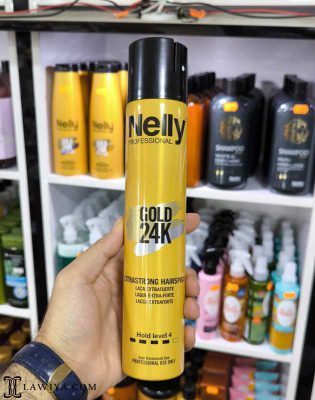 اسپری حالت دهنده و براق کننده مو فوق قوی نلی پروفشنال NELLY مدل GOLD 24K اصل اسپانیا 300 میل